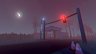 An eerie bus and gas station at night in Grunn