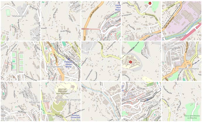 A map of a city cut into tiles and mixed up in Scrambled Maps.