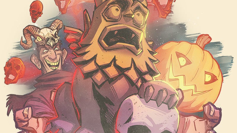 A drawing showing a weird masked creature, a grinning pumpkin face, and some red skulls.