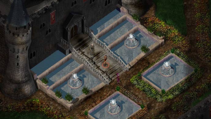 A screenshot of an outside area in Candlekeep, from the Beamdog enhanced edition of Baldur’s Gate