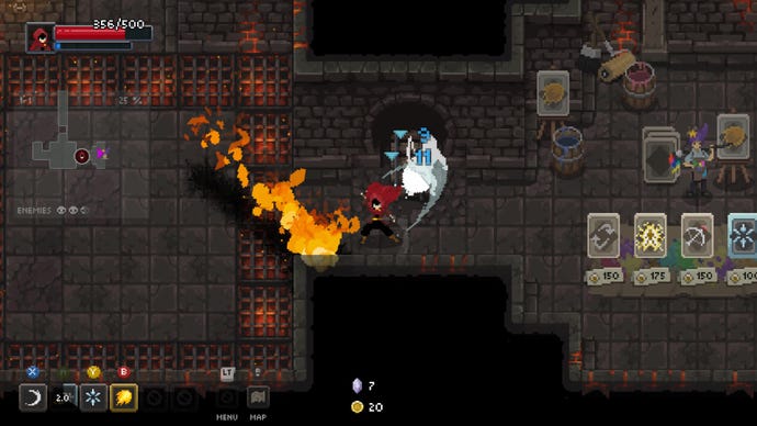 A wizard attacks a demonic sorcerer in a dungeon in Wizard Of Legend