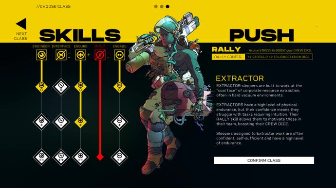 The Extractor class skill tree menu from Citizen Sleeper 2.
