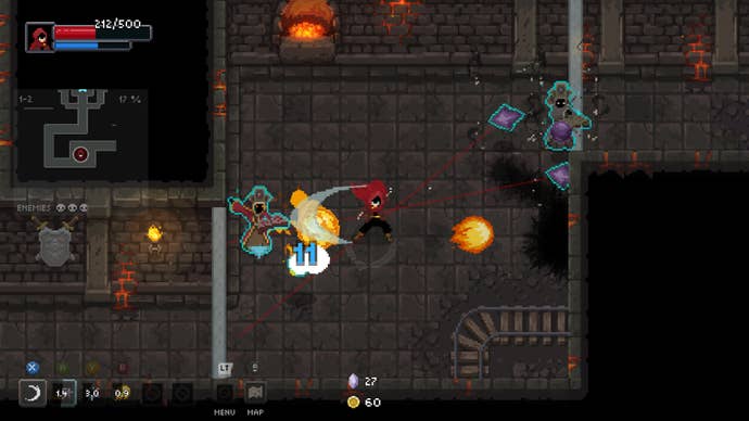 A wizard does battle with two sorcerers in a dungeon in Wizard Of Legend