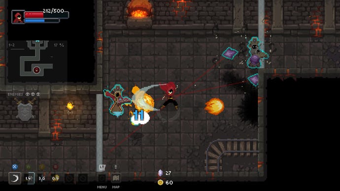 A wizard does battle with two sorcerers in a dungeon in Wizard Of Legend