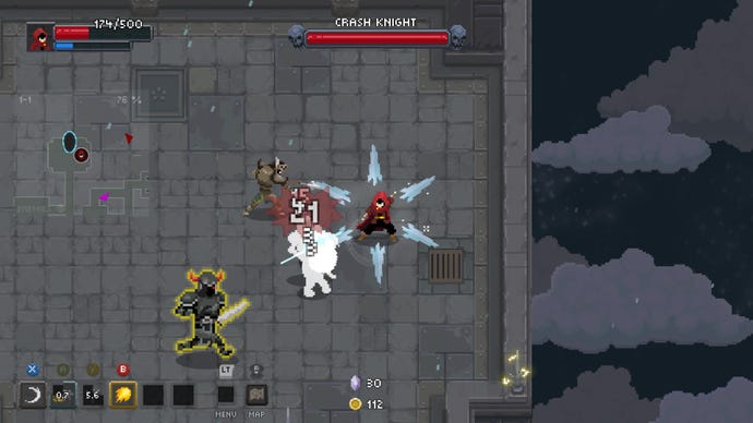 A wizard with icicles spinning round them attacks a large knight in Wizard Of Legend