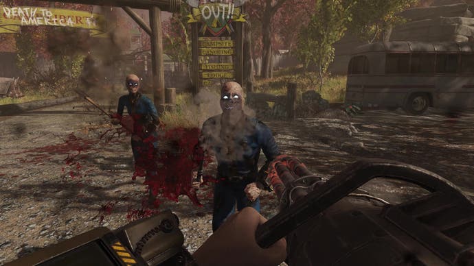 Two Lost attack the player outside a rest camp in Fallout 76.
