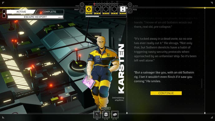 A grumpy shipfitter called Karsten talks to the player in Citizen Sleeper 2.