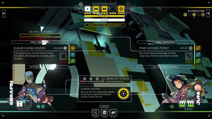 An action node is completed during a contract mission from Citizen Sleeper 2, with Serafin and Juni onscreen as crew helpers.