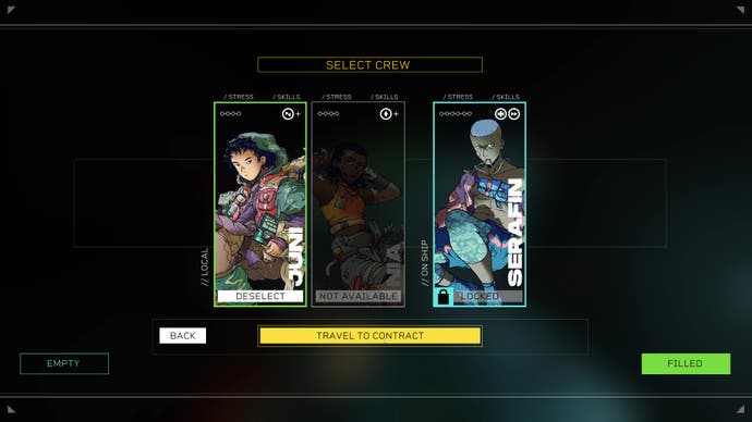 The crew member selection screen for contracts in Citizen Sleeper 2.