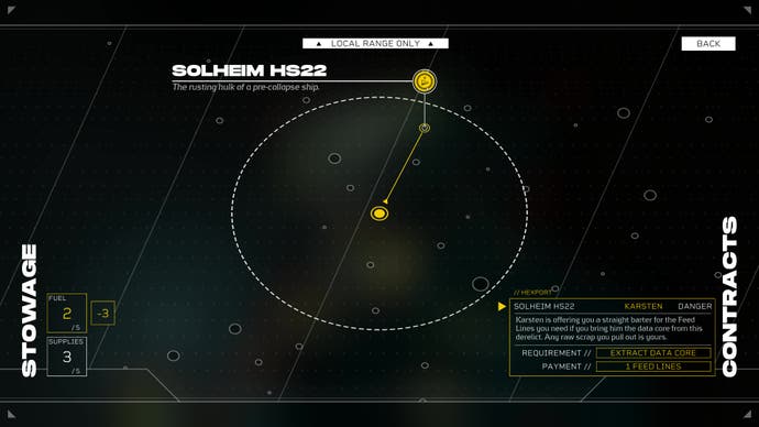 A map screen for Citizen Sleeper 2, showing the location of a contract in relation to the player's current position.