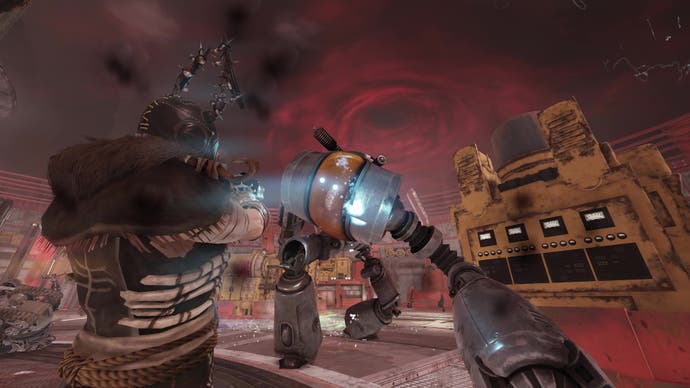 A giant robot attacks the player during a red electrical storm in Fallout 76.