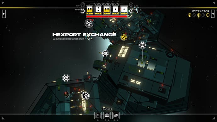 A space station in Citizen Sleeper 2 called Hexport, with several location nodes visible onscreen.