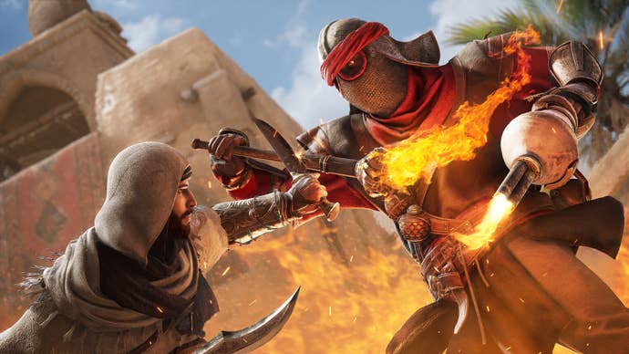 screenshot from Assassins Creed Mirage showing a fight between Basim and a masked assailant with firey weaponry