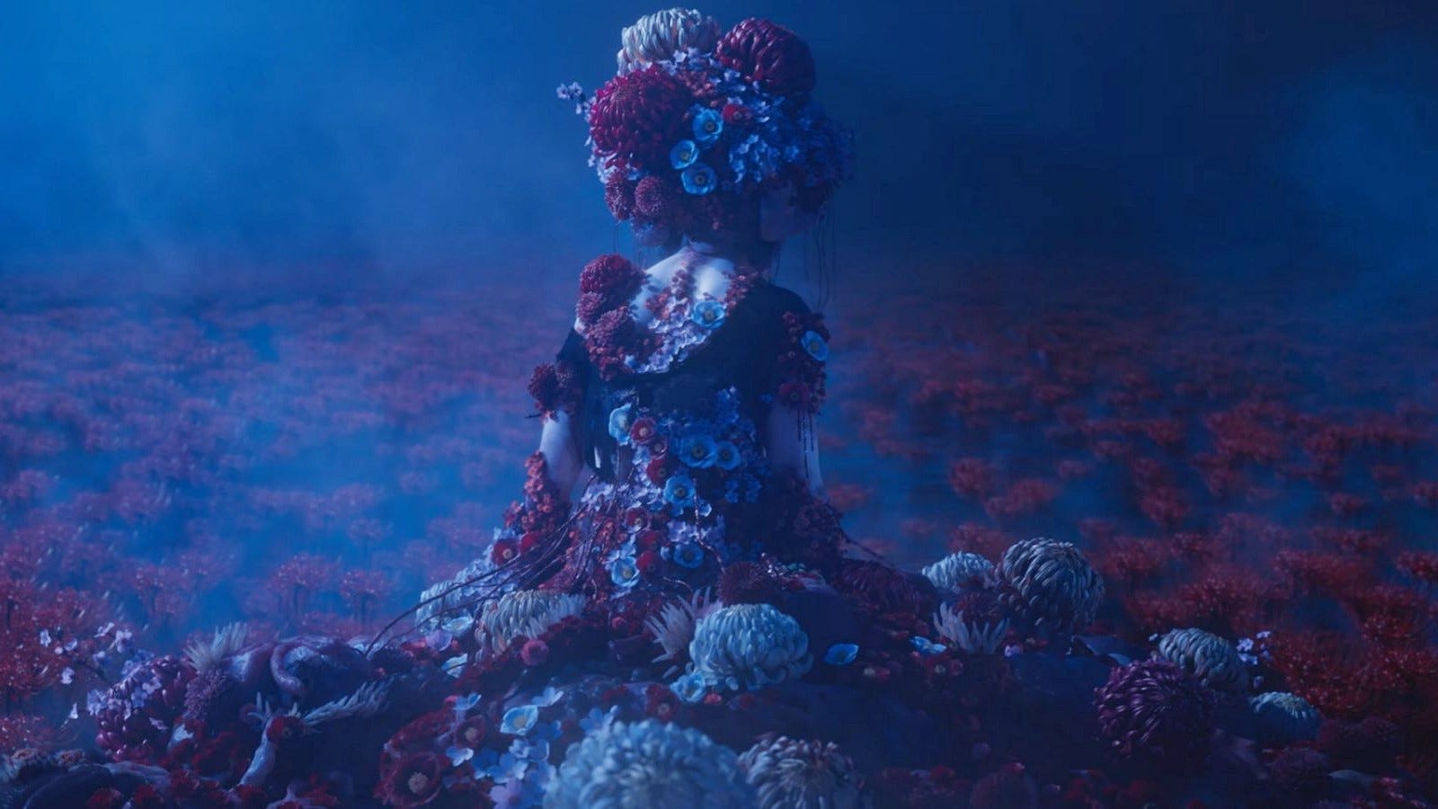 screenshot from Silent Hill f trailer showing a young girl covered in flowers