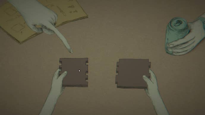 Two hands try and piece together two non-matching jigsaw pieces in Miniatures.