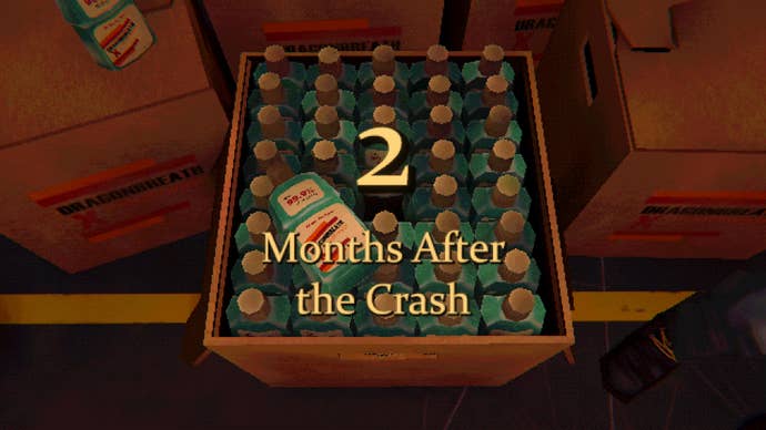 A box of mouthwash is opened, with the text ‘2 months after the crash’ on the screen in Mouthwashing.