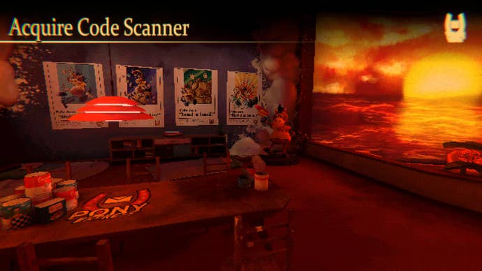 A large artifical sunset bathes a lounge room in red light as you’re asked to acquire a code scanner in Mouthwashing.