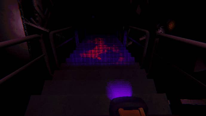 A code scanner is used to detect blood trails down stairs in Mouthwashing.