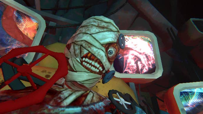 A bandaged man looks down at the camera while large valves stick out of him in Mouthwashing.