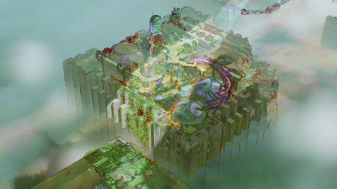 A strange city rising from the sea in work by Jacob Potterfield.