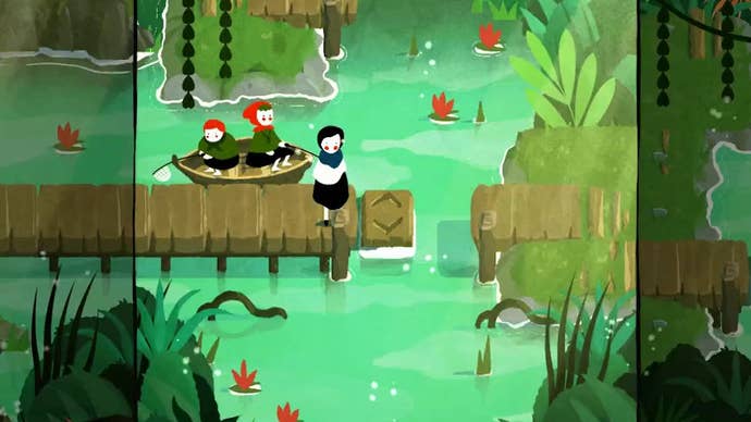 Children sat in a rowboat fish for frogs in the swamp in Paper Trail.