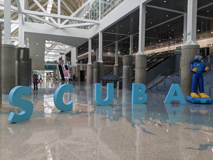 Scuba sign and blow up diver at Los Angeles covention hall