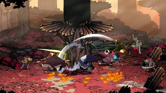 Official Absolum screenshot showing combat in an autumn forest.