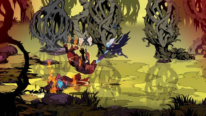 An official Absolum screenshot showing combat in a sickly green swamp.