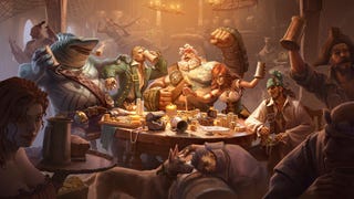 Characters from Sea of Conquest sat around a table in a pub, including a shark and pirates, and in the background a bar fight.