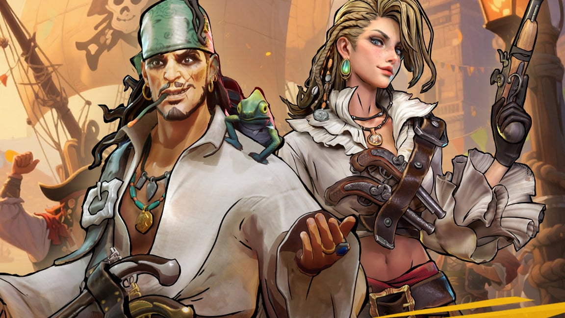 Artwork for Sea of Conquest: Pirate War showing a male and female pirate, with a boat in the background.