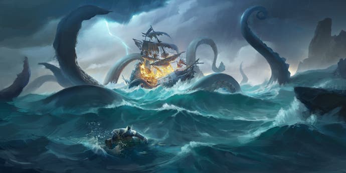 A ship being attacked by a kraken while a character floats on a barrel in the sea.