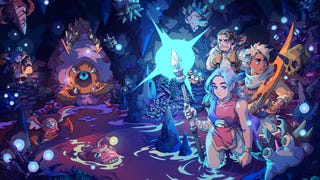 Artwork of Sea of Stars showing three animate characters exploring a cave by blue light