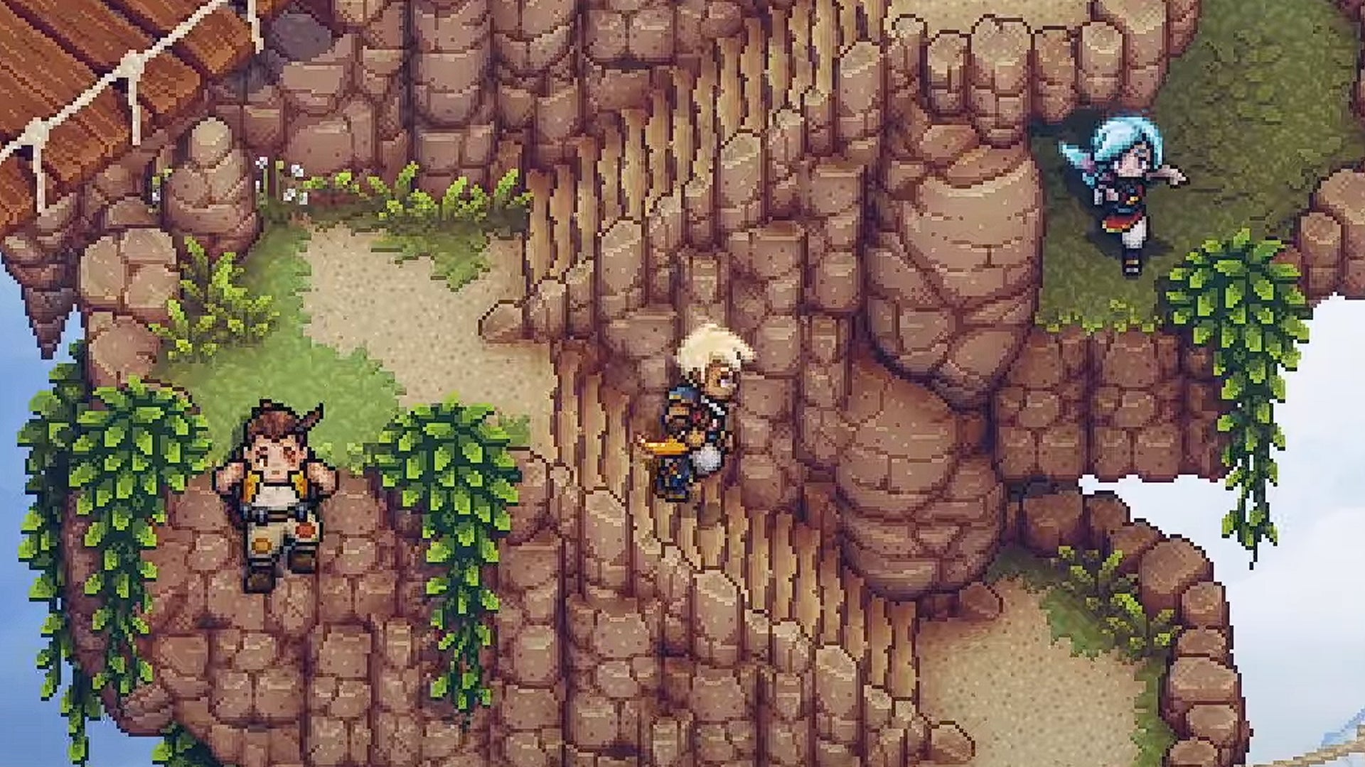 Garl, Zale and Valere explore a cliffside staircase in Sea of Stars' co-op multiplayer mode - 1