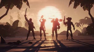Four Sea of Thieves players stood on a beach, silhouetted against the setting sun.