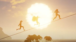 A Sea of Thieves screenshot showing three pirates running up a harpoon line, all silhouetted against a setting sun.