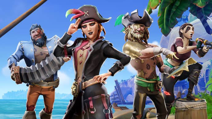 Sea of Thieves promotional art showing four pirates posing on a tropical island with the bright blue ocean stretching away behind them.