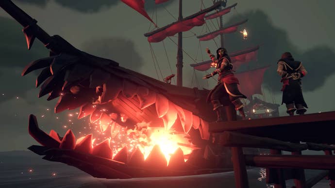 A Sea of Thieves screenshot showing two Reapers standing on a jetty next to the formidable Burning Blade warship.