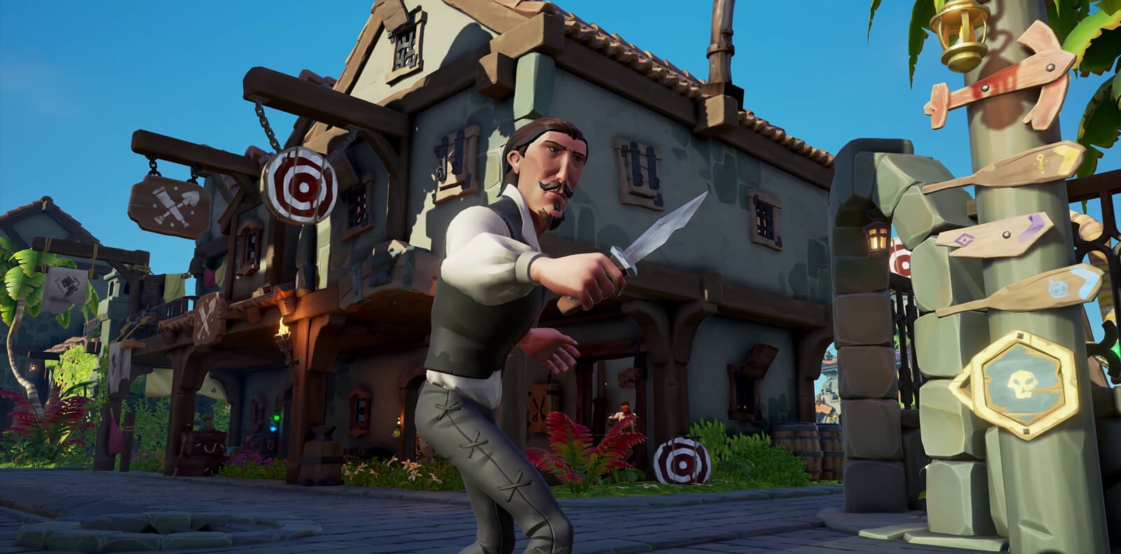 A man in a moustache and waistcoat bears a dagger in an Outpost in Sea of Thieves