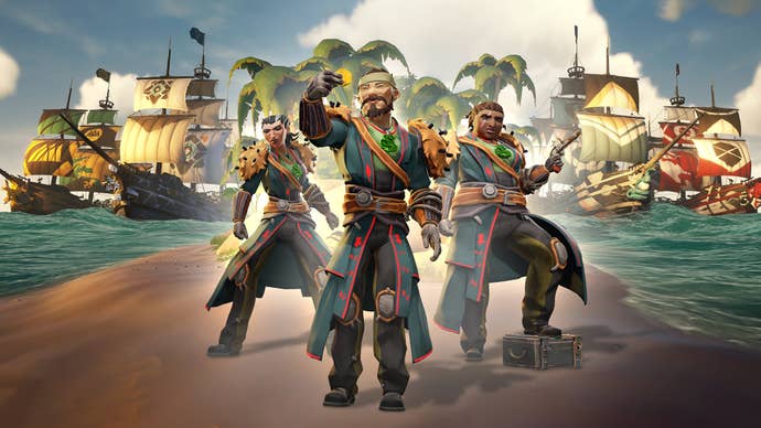 Three pirates from Sea of Thieves wearing Destiny themed outfits, Destiny themed ships in the background.