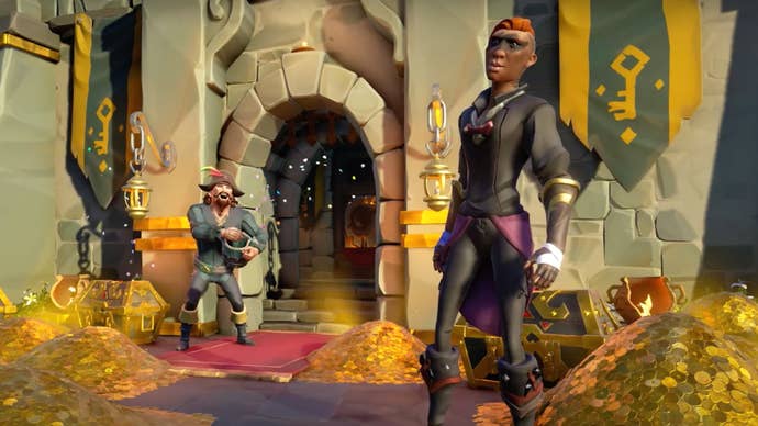 A Sea of Thieves screenshot showing two pirates surrounded by glittering piles of gold. One stands proudly in the foreground while another loiters by a stone doorway to the rear, tossing confetti from out of a bucket.