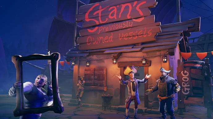 Pirates stand outside Stan's Previously Owned Vessels in Sea of Thieves' Legend of Monkey Island crossover