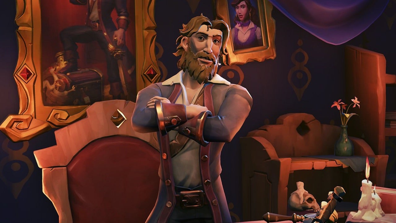 Guybrush Threepwood, newly bearded mighty pirate, stands with his arms crossed in the Governor&rsquo;s Mansion.