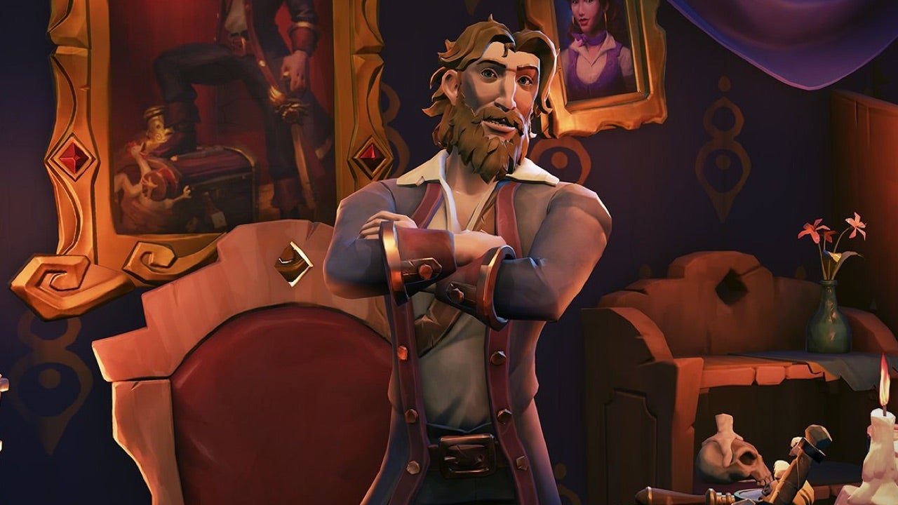 Guybrush Threepwood, newly bearded mighty pirate, stands with his arms crossed in the Governor&rsquo;s Mansion.