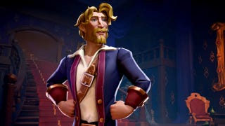 Sea of Thieves artwork showing mighty pirate Guybrush Threepwood stood heroically with hands on hips in the foyer of the Governor's Mansion.