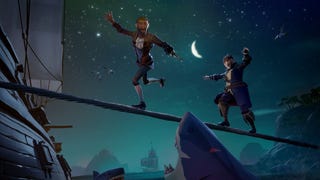 Two pirates tiptoeing over a harpoon rope in Sea Of Thieves season 12