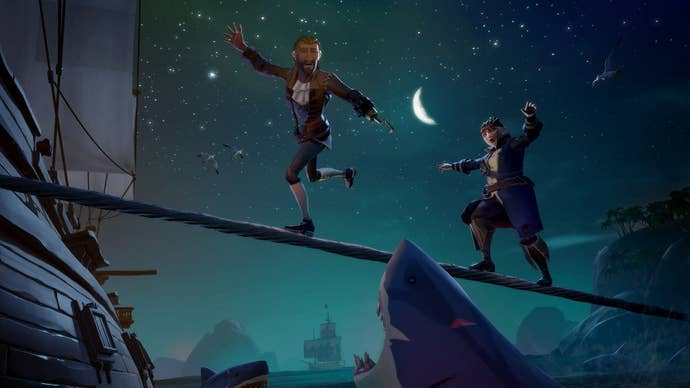 Two pirates tiptoeing over a harpoon rope in Sea Of Thieves season 12