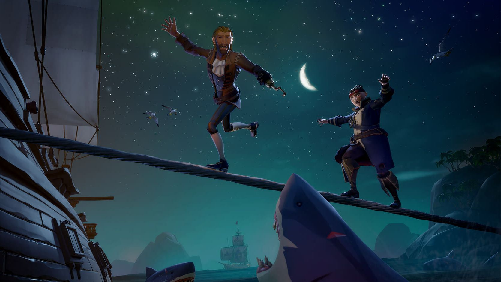 Two pirates tiptoeing over a harpoon rope in Sea Of Thieves season 12 - 1