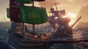 Two ships, one with green sails, the other with purple, fighting each other on the ocean during sunset in Sea of Thieves.