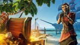 A pirate looks inside an open treasure chest with glee in Sea of Thieves
