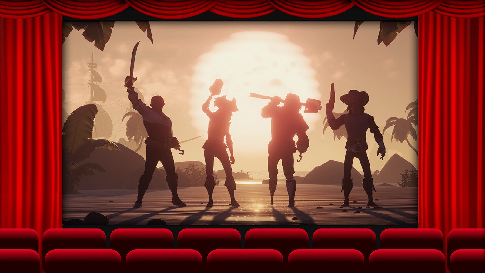 The silhouettes of four pirates against the sun in an image that's overlaid where a movie should be in a theatre.